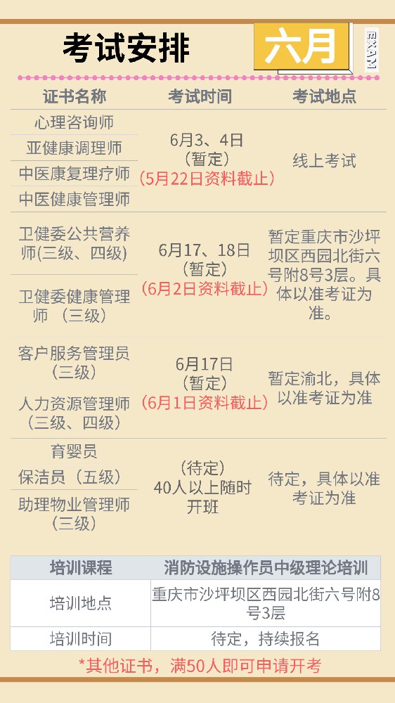 6月技能证书考试安排